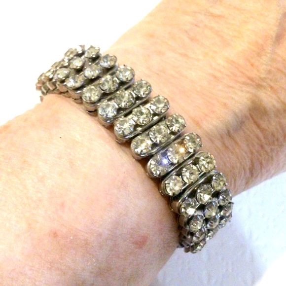 Vintage Silver Tone Prong Set Clear Rhinestone Expansion Bracelet - Picture 4 of 5